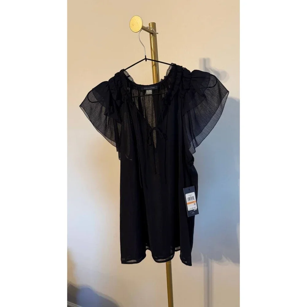 Tommy Hilfiger Split‑Neck Flutter‑Sleeve Chiffon Blouse Navy S $79 NWT - Picture 4 of 7